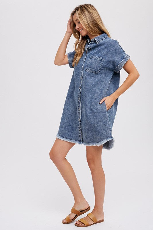 frayed hem denim shirt dress Frayed Hem Denim Shirt Dress