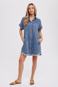 Frayed Hem Denim Shirt Dress