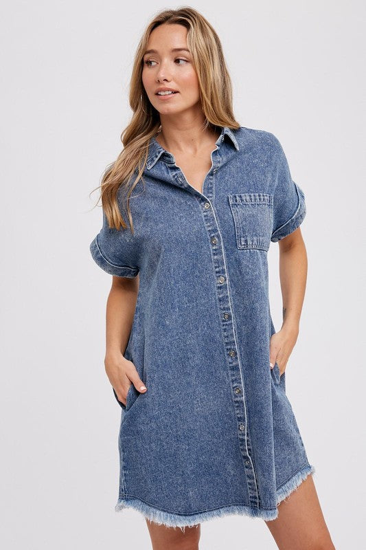 Frayed Hem Denim Shirt Dress