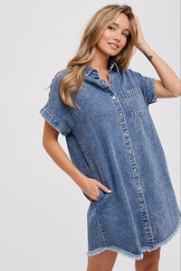 Frayed Hem Denim Shirt Dress