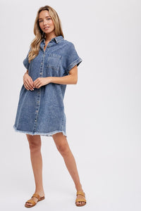 Frayed Hem Denim Shirt Dress