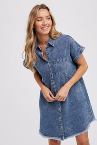 Frayed Hem Denim Shirt Dress