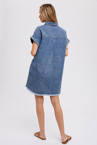 Frayed Hem Denim Shirt Dress