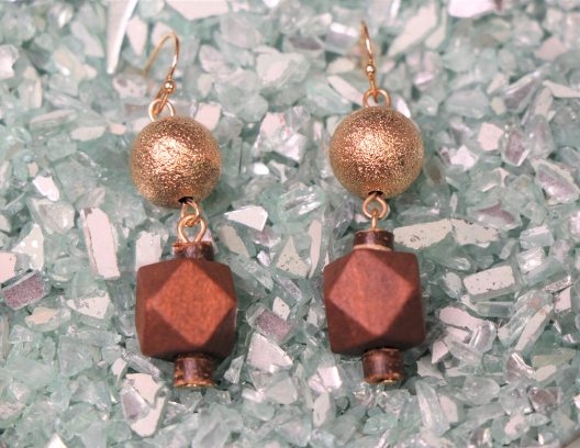 Gold Bead and Distressed Wood Earrings